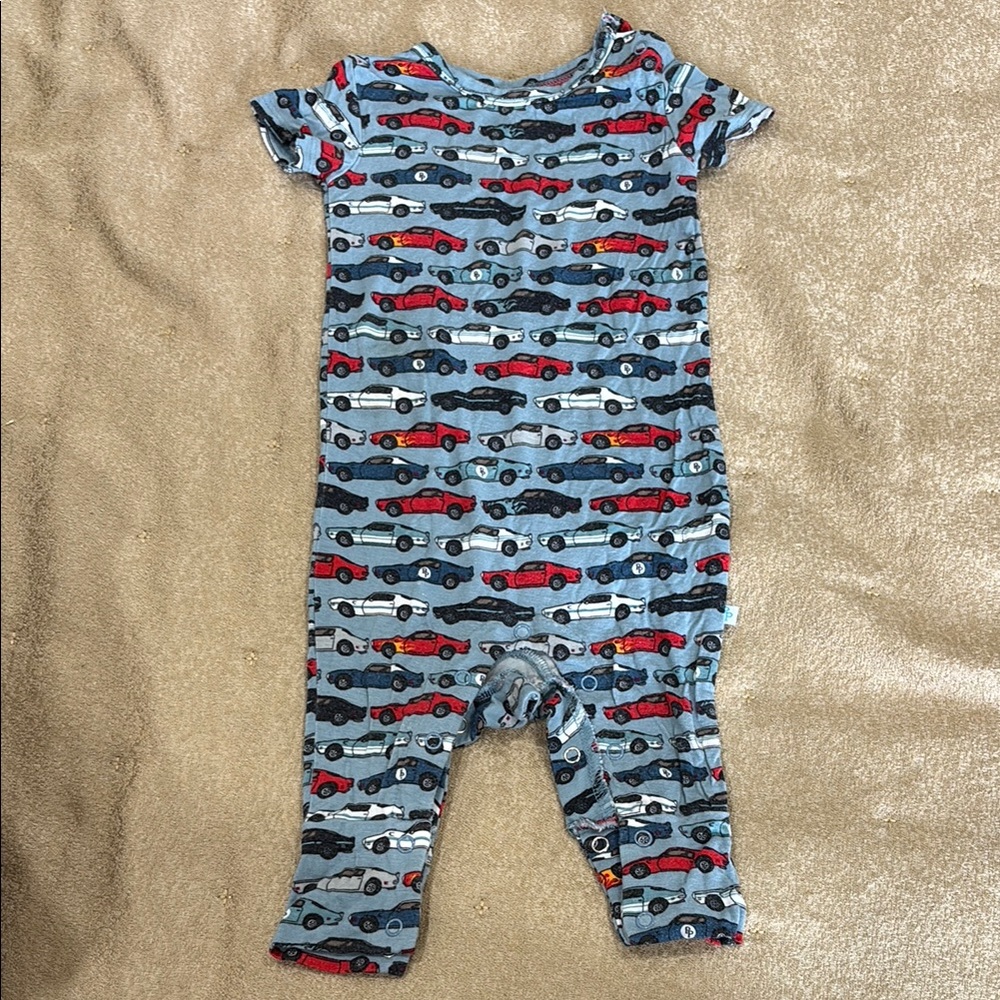Posh Peanut Blue Romper with Red and White Car Print